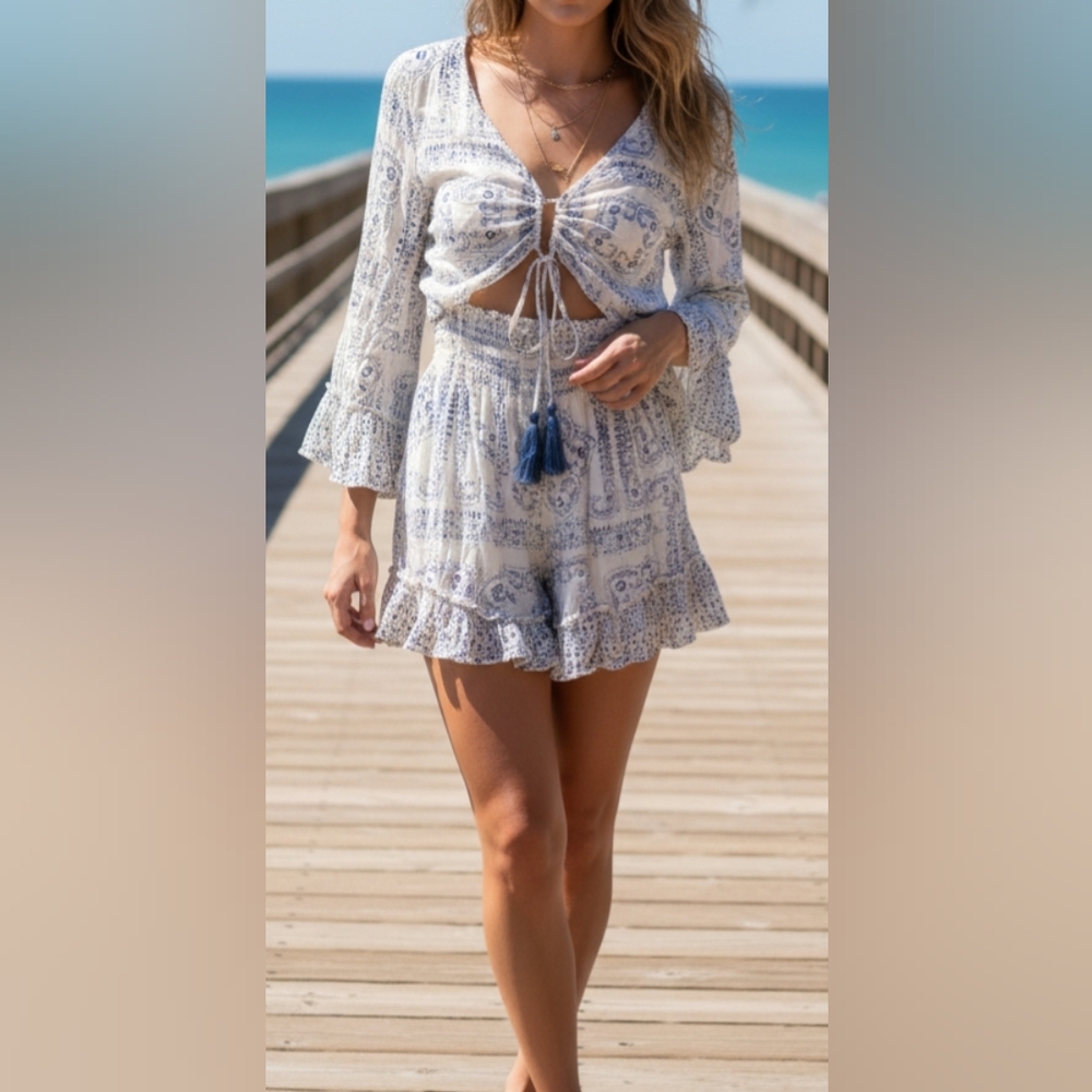 Surf Gypsy White and Blue Printed Tie-Front Swim Coverup Set